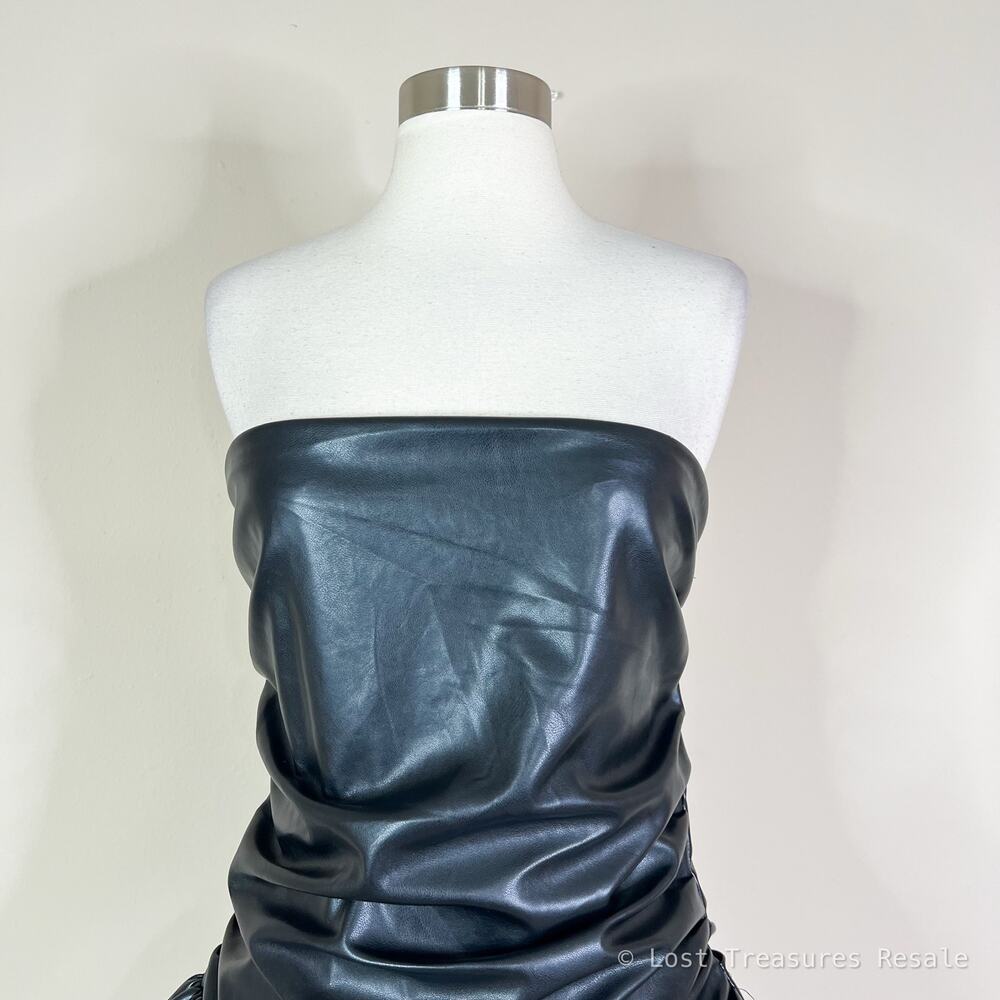 AKIRA | Black Faux Leather Bubble Hem Fitted Drop Waist Strapless Mini Dress XL - Picture 3 of 11